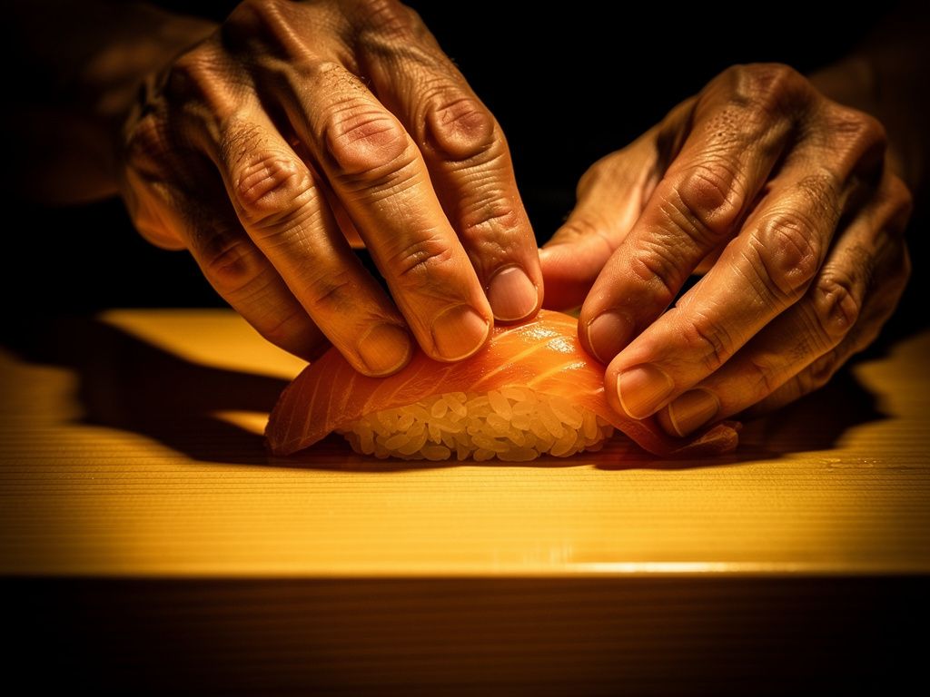 Tabe chef's hands pressing a piece of nigiri over a warm wooden counter