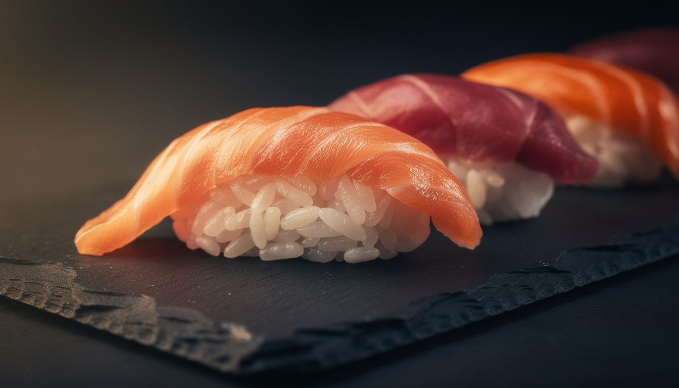 Close-up of Tabe omakase nigiri — fatty tuna, yellowtail and salmon on hand-pressed rice over matte black slate