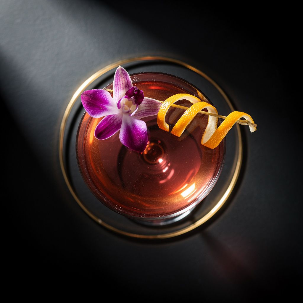 Tabe Asian specialty cocktail with edible flower garnish on matte black