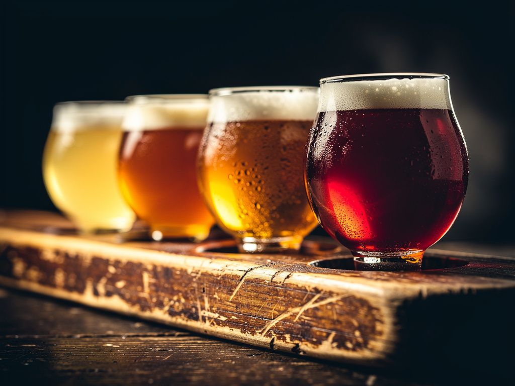 Flight of four small-batch HOMES craft beers in tulip glasses on a wooden paddle
